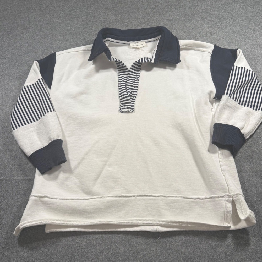 Lovely Melody Rugby Sweatshirt Women L White Good Striped Long Sleeve Polo